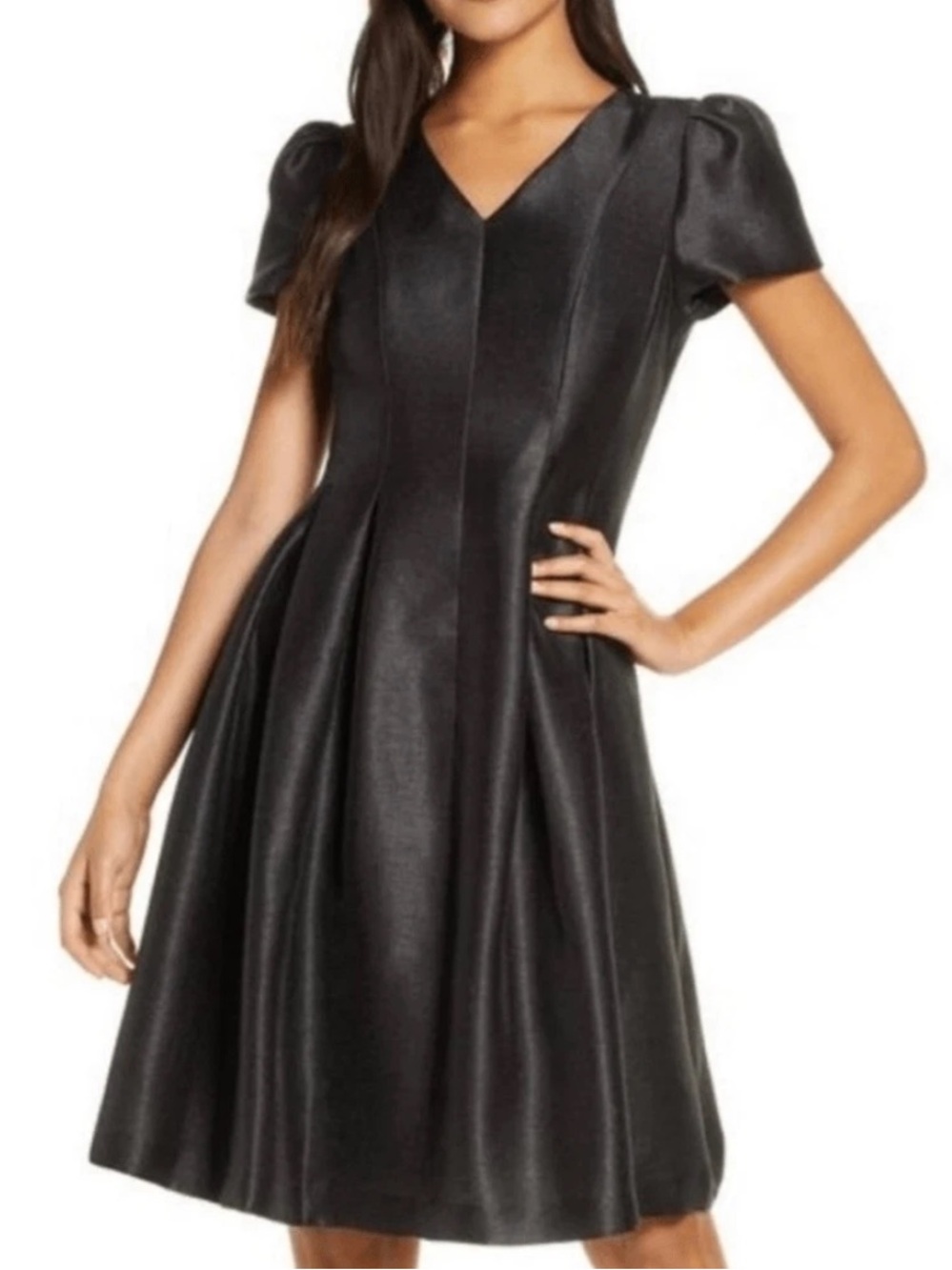 RACHEL PARCELL Black Satin Twill Puff SleeveParty Dress Size S
